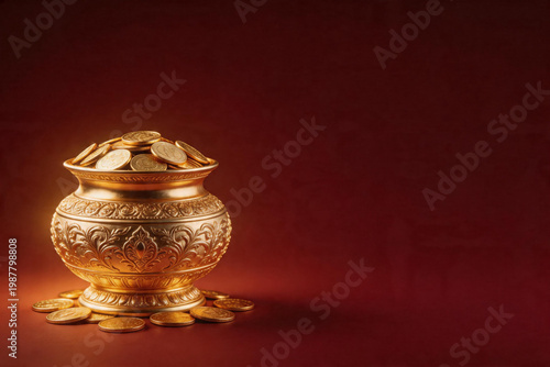 Ornate golden pot and coins, Indian festival prosperity and wealth symbol design