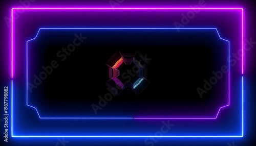 A neon-lit rectangular frame surrounds a central geometric design
