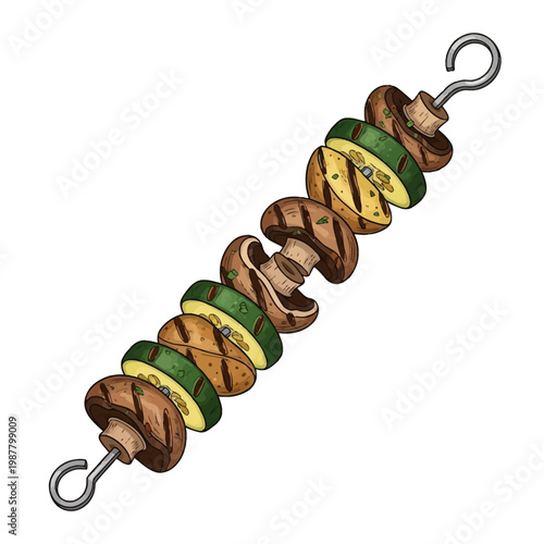 Vegetable kabob featuring grilled brown mushrooms, sliced green zucchini, and seasoned potatoes with distinct char marks on a metal skewer, isolated on a white background.