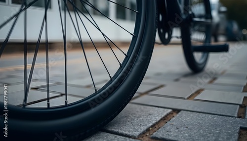 Bicycle Wheel Close-Up. Close-up of a bicycle wheel on pavement, focus on tire and spokes, transportation detail concept, shallow depth of field