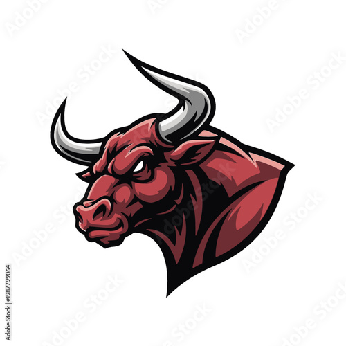 A muscular red bull with sharp horns looks fiercely to the left side