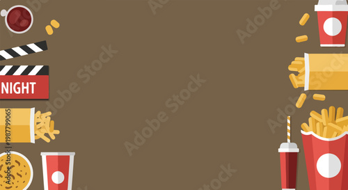 This flat vector illustration features movie night snacks and a clapperboard bordering a central brown space for custom text.