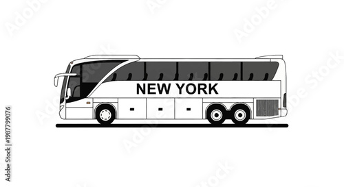 Side view illustration of a white New York tourist bus isolated on a white background. Modern three-axle motorcoach with tinted windows, black seats, and bold black text.