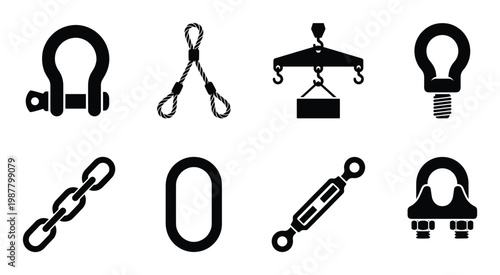 Collection of heavy lifting and rigging equipment metal hardware icons and symbols vector