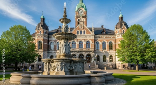 Beautiful Fountain and Historic Building in Sweden on a Sunny Day.
