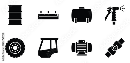 Collection of industrial and automotive components icons in black silhouette