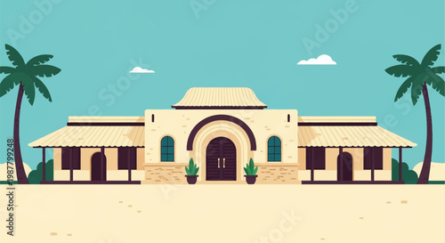 Flat vector illustration of a desert villa or oasis resort featuring symmetrical Middle Eastern architecture, two palm trees, arched windows, and a dark brown door under a blue sky.