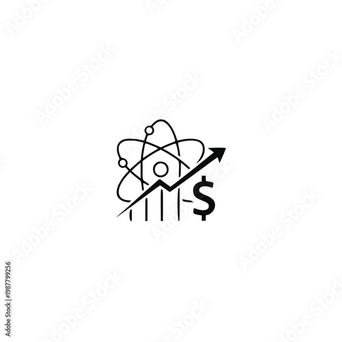 The atom symbol rises with an arrow and dollar sign in a business graph illustration.