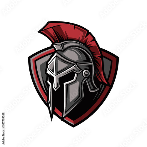 A Spartan warrior helmet sits atop a shield with red accents.