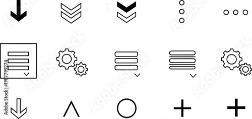 User interface navigation icon set featuring arrows menu controls settings and selection symbols in minimal outline style for apps