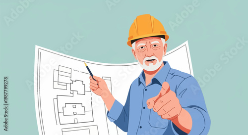 Senior male civil engineer or architect with white beard wearing yellow hard hat and blue shirt, pointing towards viewer and holding pen over blueprint floor plan illustration.
