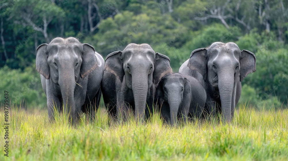 Obraz premium Group of Elephants in Natural Habitat Surrounded by Lush Vegetation