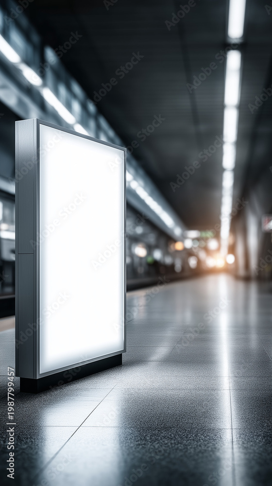 Naklejka premium Empty Advertisement Billboard: A sleek, illuminated advertising billboard stands prominently in a modern subway station, presenting a blank canvas for limitless messaging opportunities.
