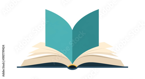 Minimalist vector illustration of an open book with teal pages fanning upward and cream sheets at the base, isolated on a white background for educational and literary design concepts.