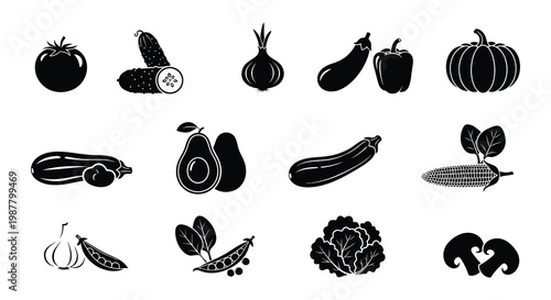 Collection of various black silhouette vegetables and produce icons