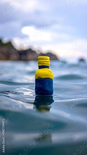 A small yellow and blue bottle floats on rippling water