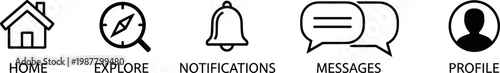 User interface navigation outline icon set with home, explore, notifications, messages, and profile symbols for mobile applications