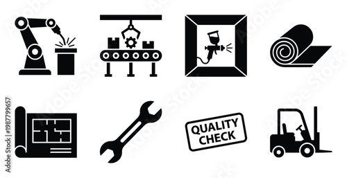 Factory production line icons robotic arm conveyor spray gun blueprint wrench quality.