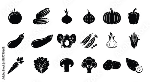 Collection of various black silhouette vegetables and produce icons