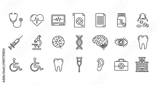 Collection of medical icons representing healthcare research and wellbeing