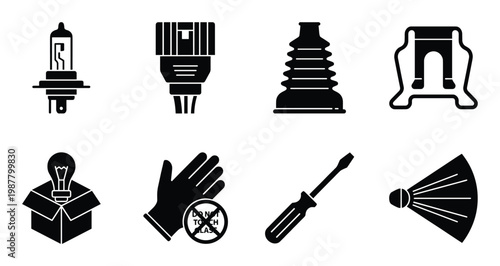 Halogen headlight bulb replacement safety icons set in solid black style with tools and connector