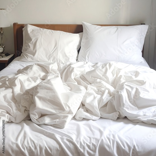 A messy bed with rumpled white sheets and pillows