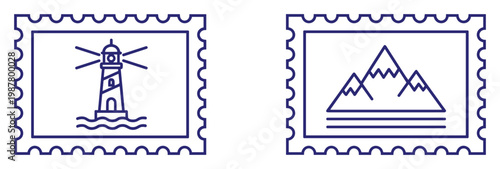 Lighthouse on waves postage stamp outline vector illustration for maritime and travel themes
