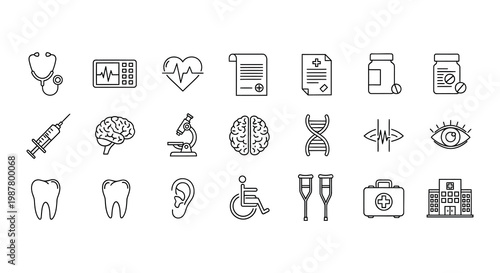 Collection of medical icons representing healthcare research and wellbeing