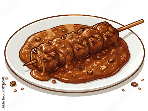 Grilled Beef Satay with Thick Peanut Sauce, Traditional Asian Skewer Illustration
