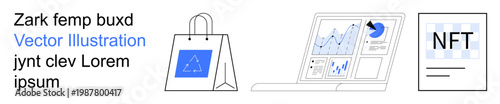 Ecommerce, digital finance, NFTs, data analytics, online shopping, blockchain. Shopping bag with logo, laptop displaying analytics NFT digital file. Ecommerce and digital finance concept