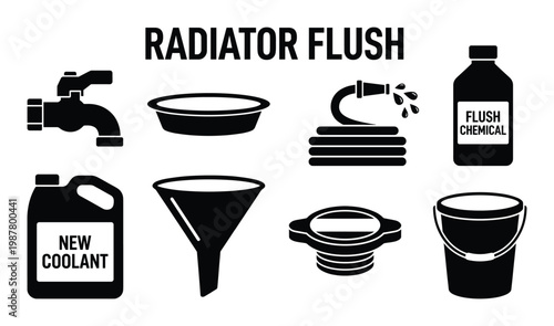 Radiator flush kit for automotive cooling system maintenance, including hose, chemicals, and bucket