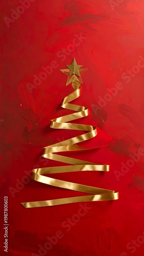 A shiny gold ribbon forms a Christmas tree on red background