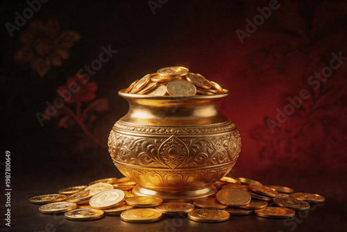Dark luxury gold pot with coins, dramatic Indian festival wealth concept