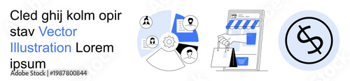 E-commerce, online identity, secure transactions, digital marketing, shopping apps, financial security. Graphic showing profiles, shopping interface and money symbol. E-commerce and online identity