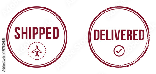 Shipped and delivered stamps with airplane and checkmark for delivery process