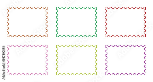 Six colorful postage stamp frames with scalloped edges for crafting and design