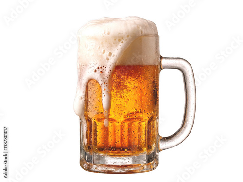 Beer mug with foam overflow, cold draft lager in glass for bar beverage