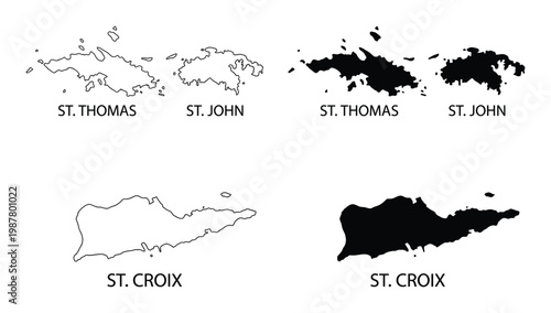 St. Thomas, St. John, St. Croix maps, U.S. Virgin Islands outline and filled shape for geography and travel