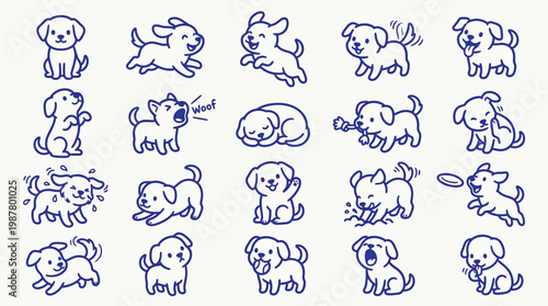 A charming collection of 20 hand-drawn doodle illustrations featuring playful puppies in various adorable poses and actions, rendered in a simple blue line art style on a textured white background.