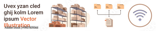 Warehouse management, data organization, connectivity, logistics, file tracking, inventory control. Shelves with boxes, connected folders wireless symbol. Warehouse logistics and data organization