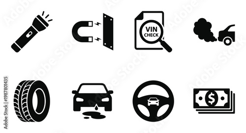 Used car buying inspection glyph icons including flashlight vin check magnet and tire tread analysis