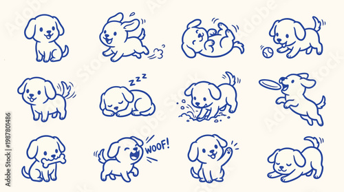 A charming collection of 12 adorable hand-drawn illustrations depicting various playful activities and poses of a cute puppy, rendered in a simple blue outline style on a cream background.