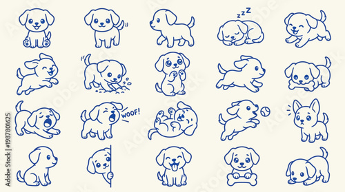 A charming collection of 20 adorable hand-drawn cartoon puppies in various playful poses and expressions, rendered in a simple blue outline style on a textured cream background.