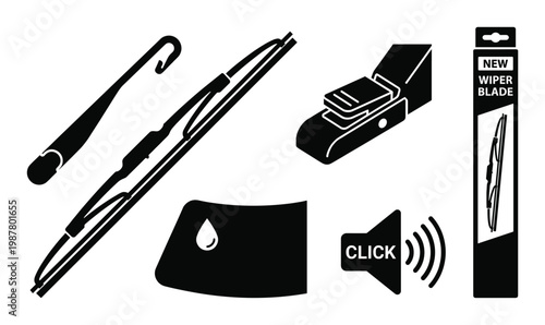 Windshield wiper blade replacement icons set with new packaging and installation mechanism symbols