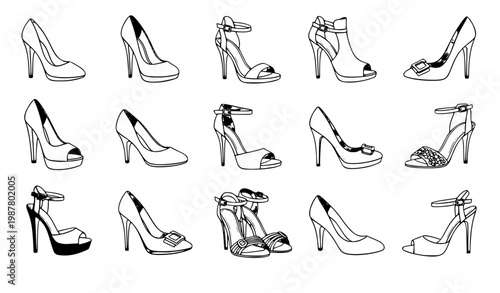 Women shoe icon set with high heels pumps and sandals fashion footwear vector isolated on white background
