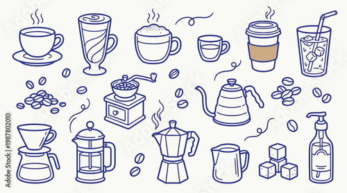 A charming hand-drawn illustration featuring a variety of coffee-related items, including cups, brewing equipment, and beans, presented in a delightful blue outline style.