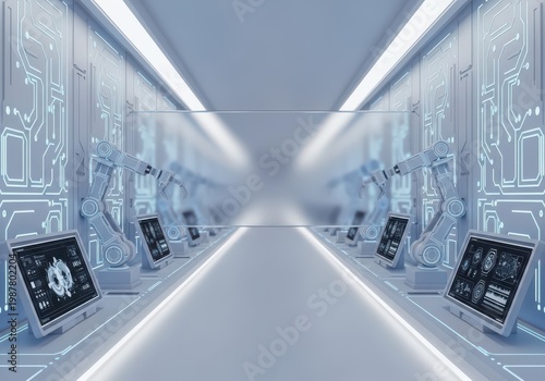 Robotic arms operate within a high-tech facility featuring illuminated digital displays and circuitry patterns.