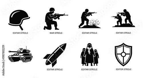 Military icons and symbols weapons vehicles and protective gear
