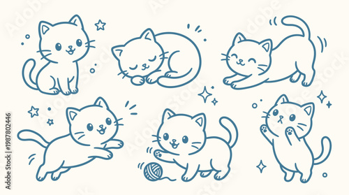 A charming collection of six adorable kawaii-style kittens depicted in various playful and sleepy poses, outlined in blue against a cream background with sparkling accents.
