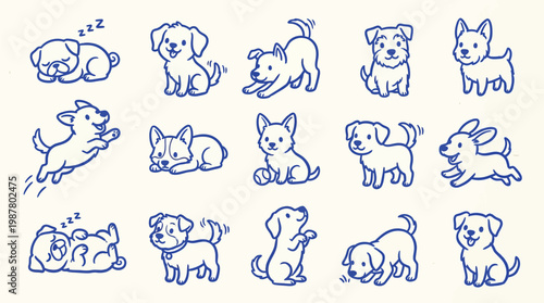 A charming collection of hand-drawn doodle illustrations featuring various adorable puppies in different playful and sleepy poses, rendered in a simple blue line art style on a cream background.